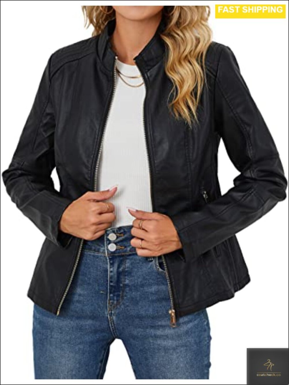 Faux Leather Moto Biker Jacket Stand Collar Zip Pockets